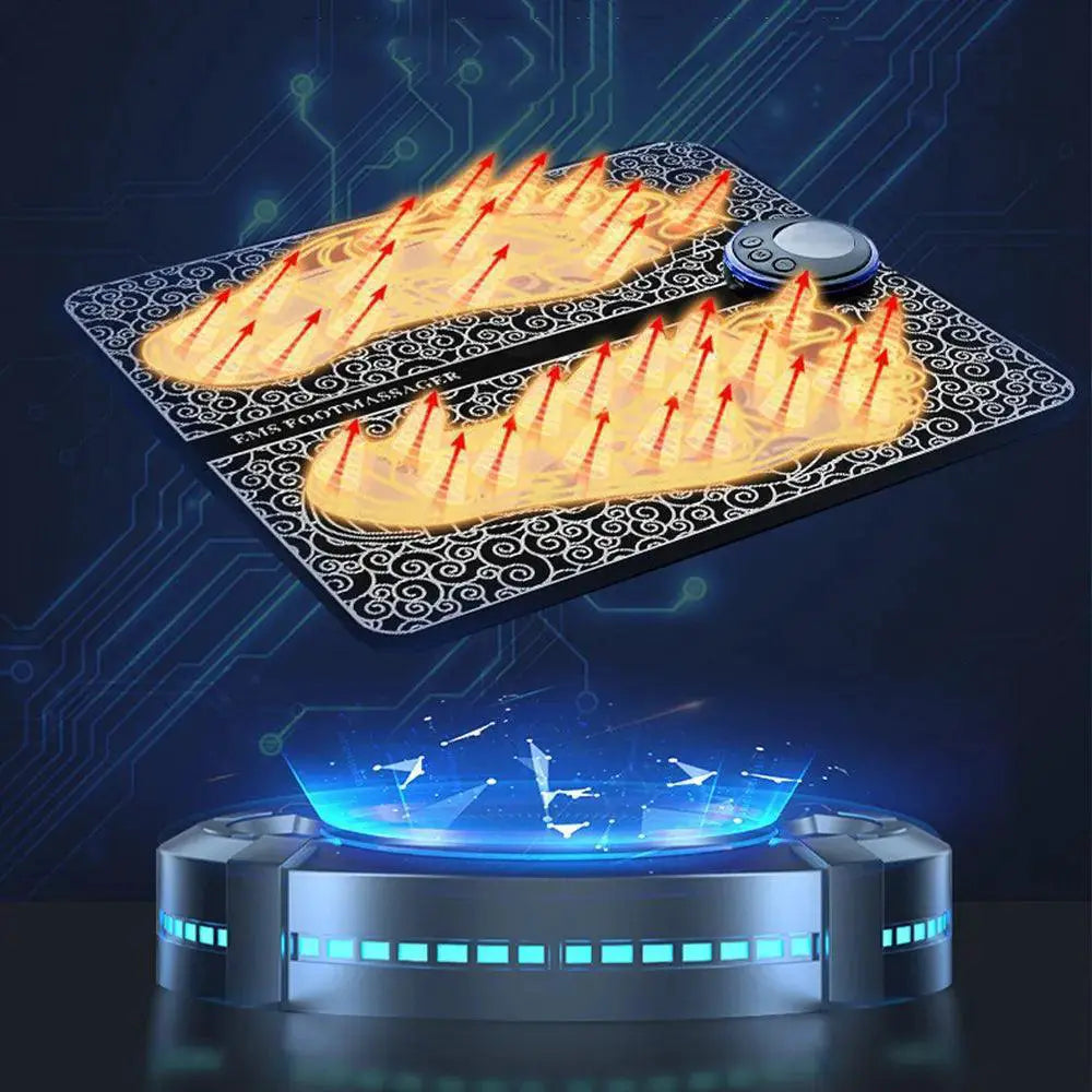 EMS foot massager mat with glowing foot outlines and red arrows, tech-themed background