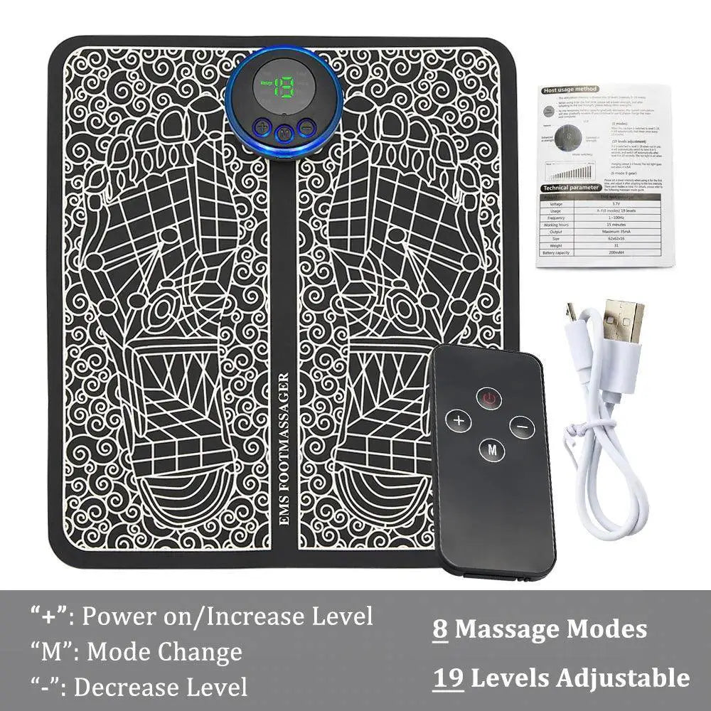 EMS foot massager mat with remote, USB cable, and instructions for pain relief and comfort