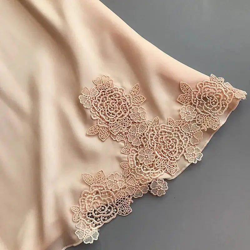 Silk Suspender Nightdress Elegant V Neck Lace Robe Set
