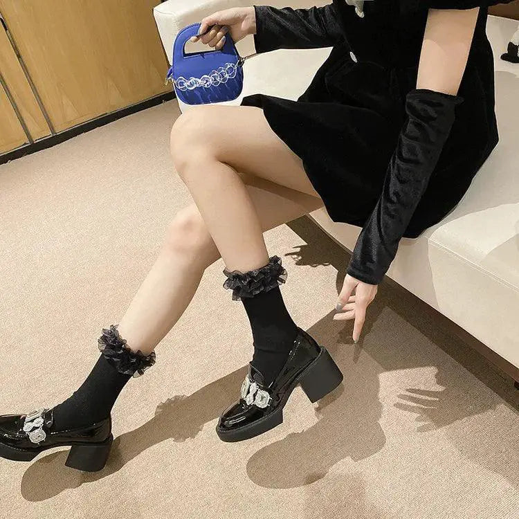 French Chunky Patent Leather High Heels Waterproof Platform