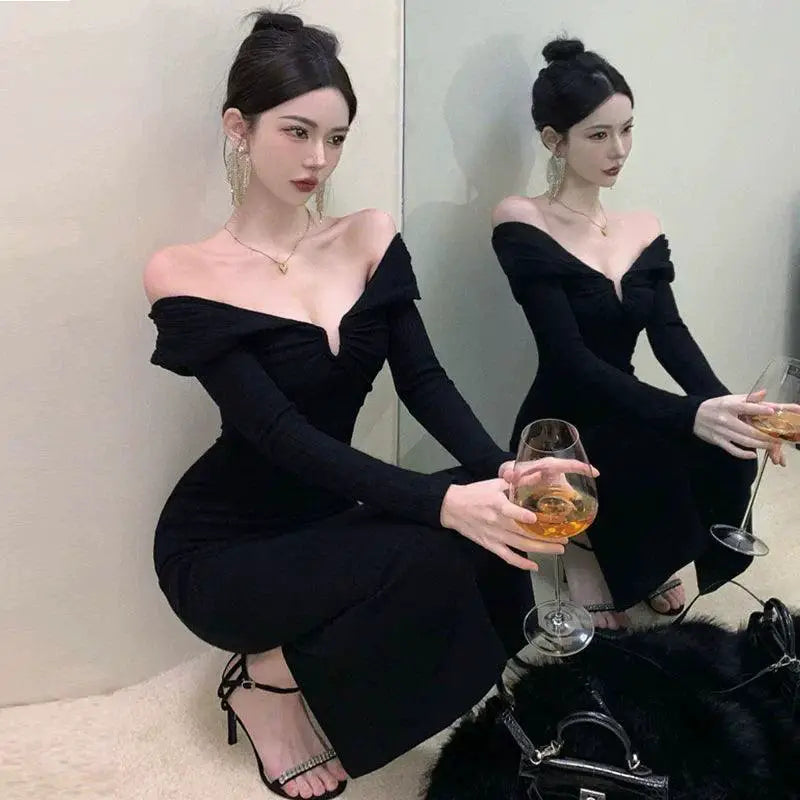 Black Evening Gown Off Shoulder Cocktail Dress Chic