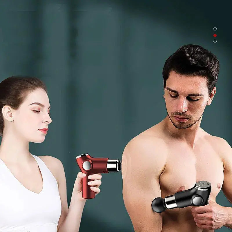 Man and woman using portable vibration massage guns on arm and shoulder for muscle relief