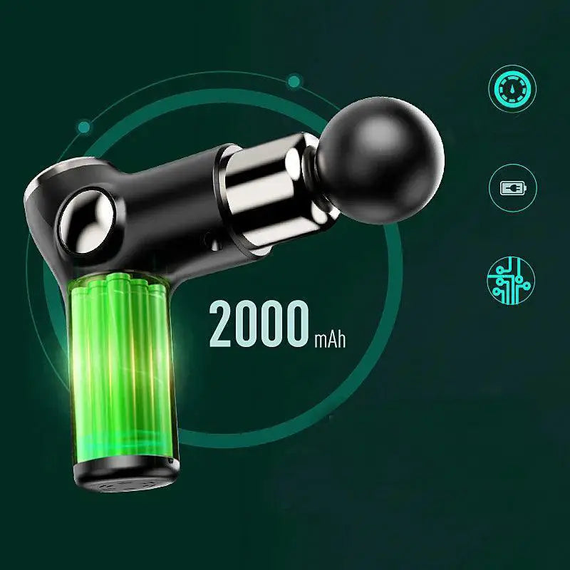 Black portable massage gun with round head and 2000mAh battery capacity graphic