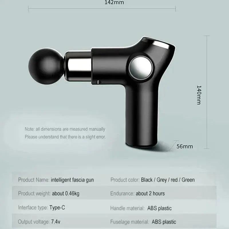 Black portable vibration massage gun for neck and back with ergonomic handle, Type-C charging, and ABS plastic body, shown with product dimensions.