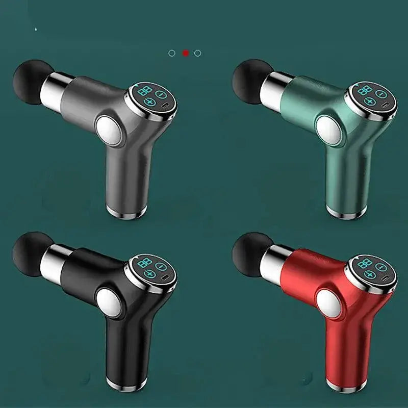 Four portable vibration massage guns in gray, green, black, and red on teal background