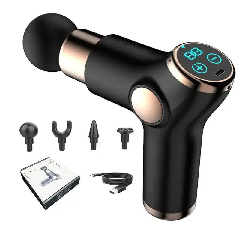Black portable massage gun with LCD display, four massage heads, box, and USB cable