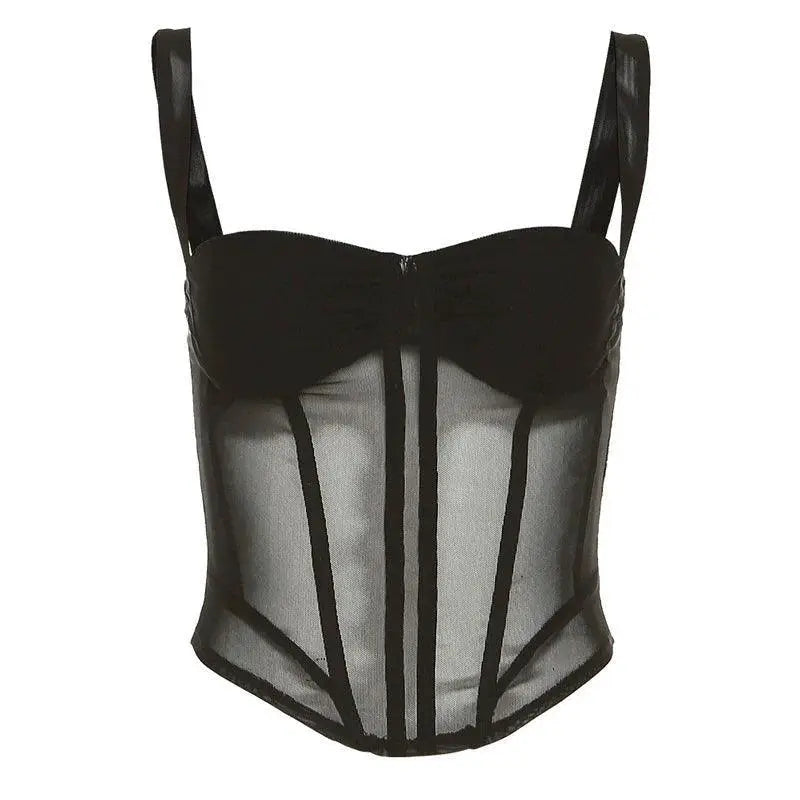 Summer Fishbone Mesh Top Waist Strap See Through Apparel