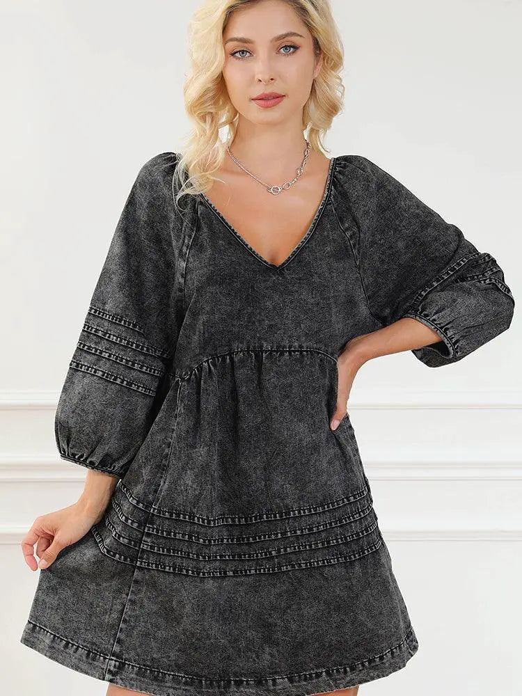 New V Neck Denim Knee Length Skirt Open Back Loose Pullover