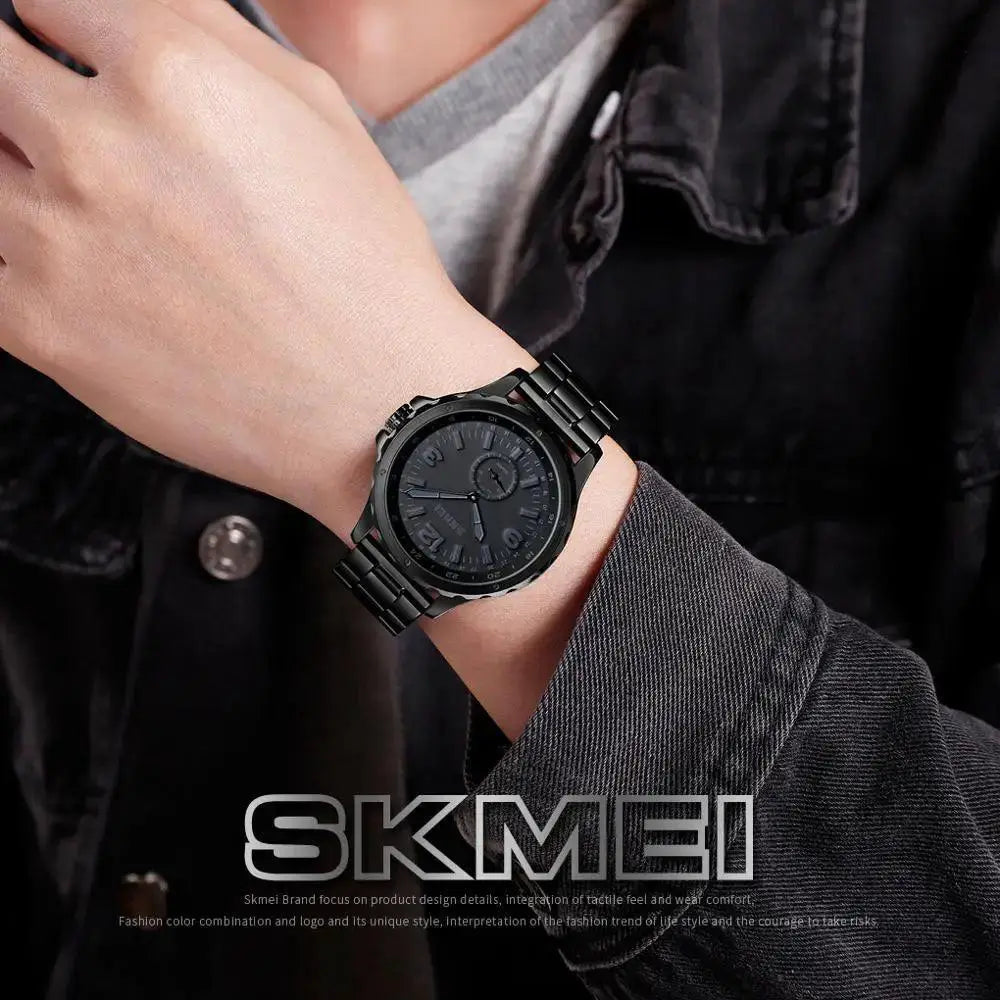 SKMEI Black Steel Quartz Watch Elegant Waterproof Timepiece