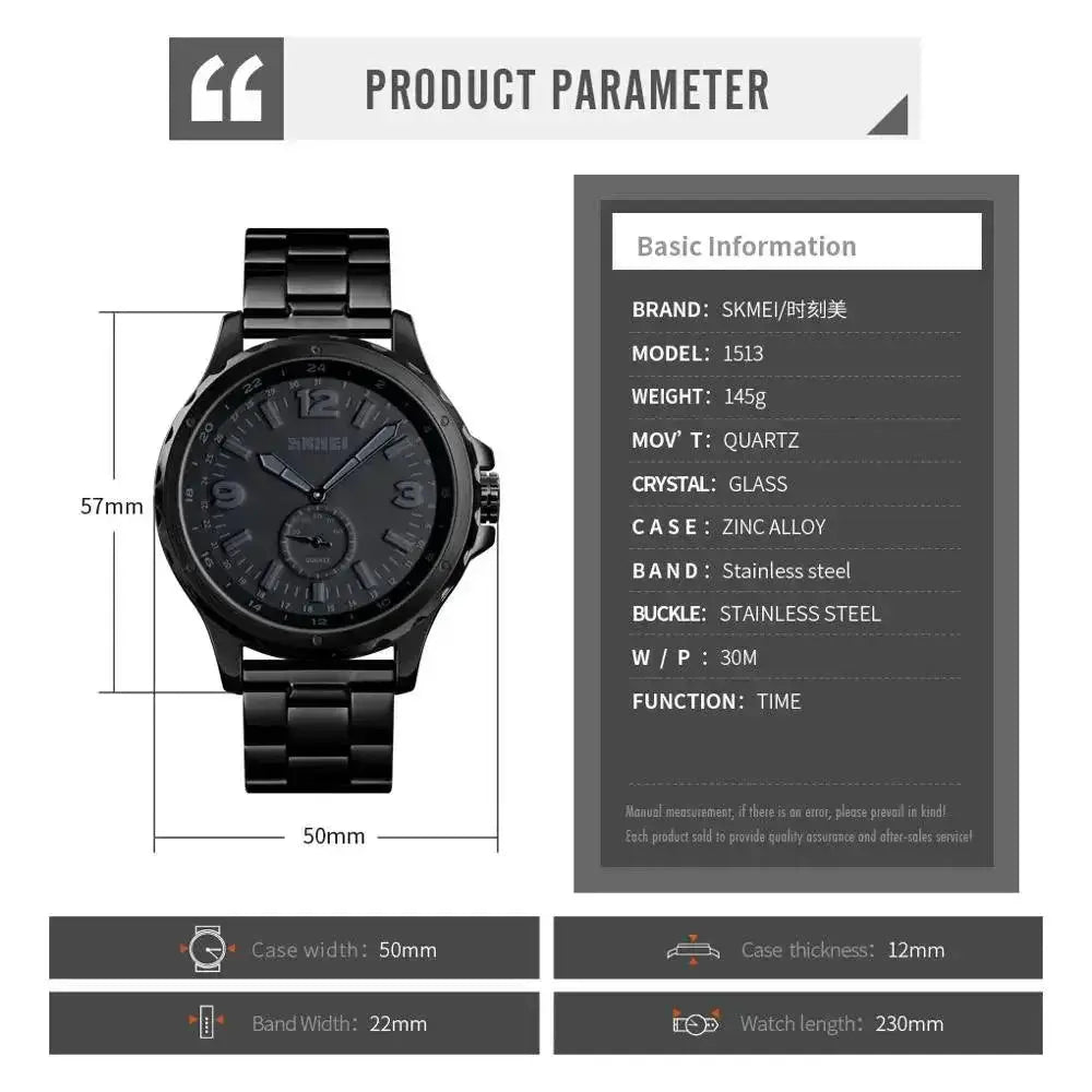 SKMEI Black Steel Quartz Watch Elegant Waterproof Timepiece