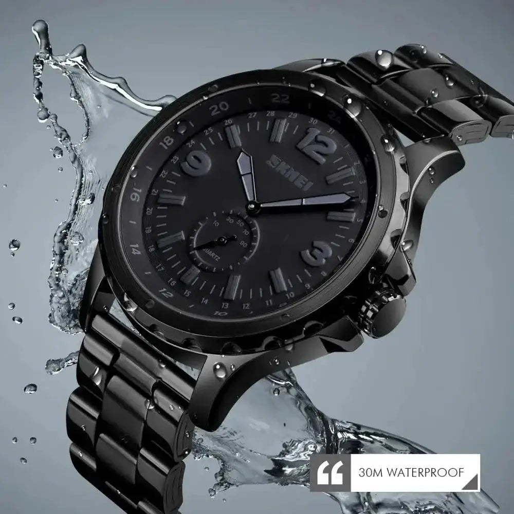 SKMEI Black Steel Quartz Watch Elegant Waterproof Timepiece