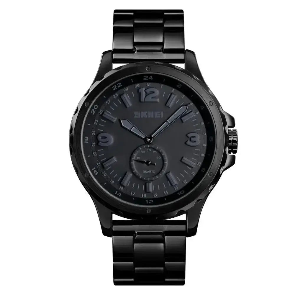 SKMEI Black Steel Quartz Watch Elegant Waterproof Timepiece