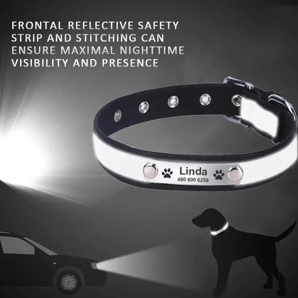 Reflective Leather Personalized Dog Collar With Engraved Tag