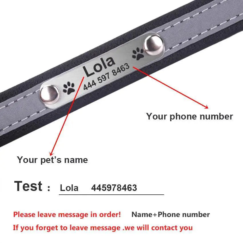 Reflective Leather Personalized Dog Collar With Engraved Tag