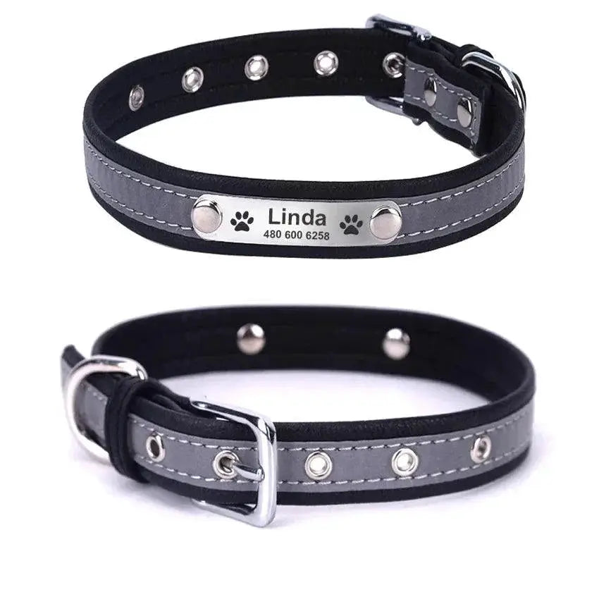 Reflective Leather Personalized Dog Collar With Engraved Tag