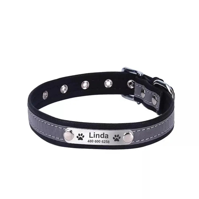 Reflective Leather Personalized Dog Collar With Engraved Tag