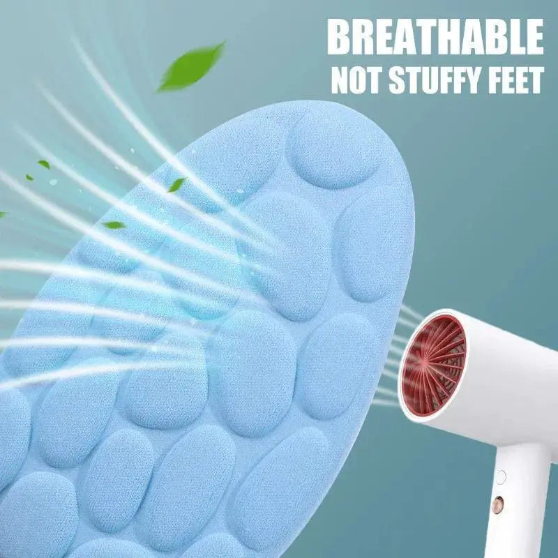 Blue memory foam sports insole with breathable design and airflow illustration
