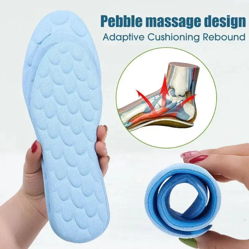 Blue memory foam sports insoles with pebble massage design and adaptive cushioning support.