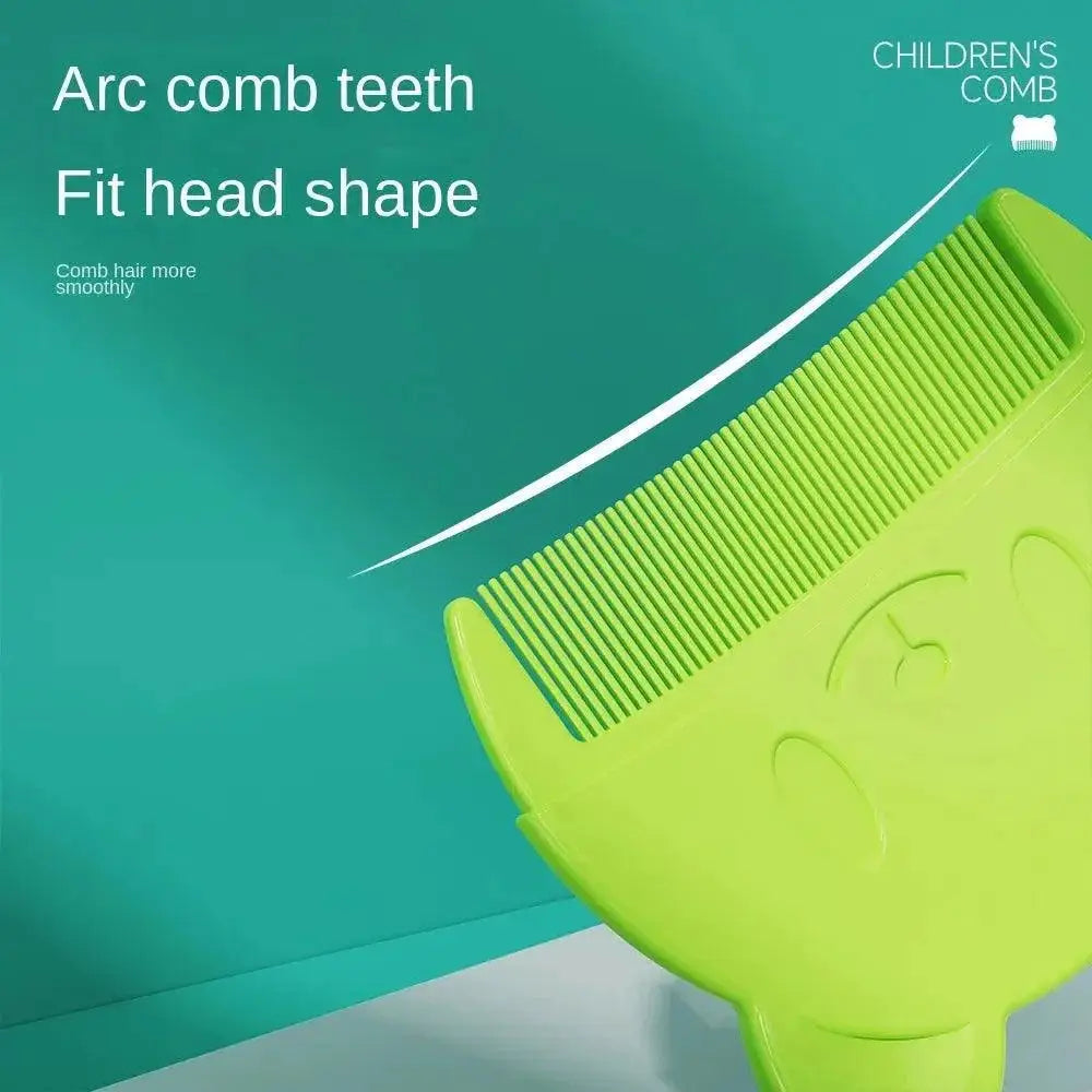 Green children's comb with curved teeth, ergonomic shape, on teal background.