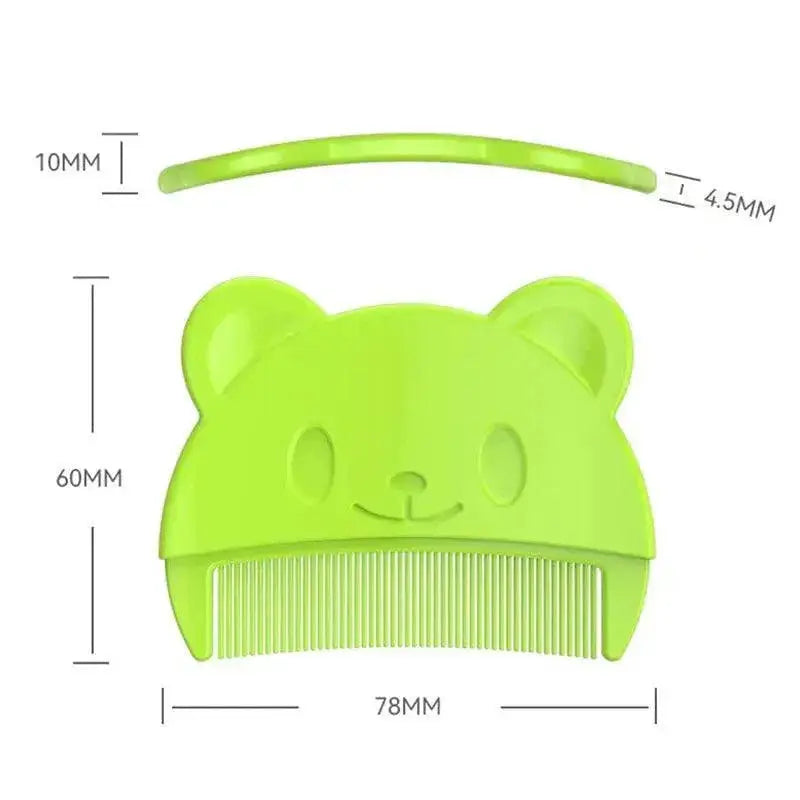 Green baby grooming comb with bear design and size measurements in millimeters
