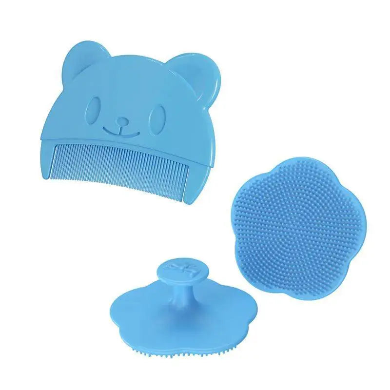 Blue newborn baby grooming set with bear-shaped comb and silicone massagers
