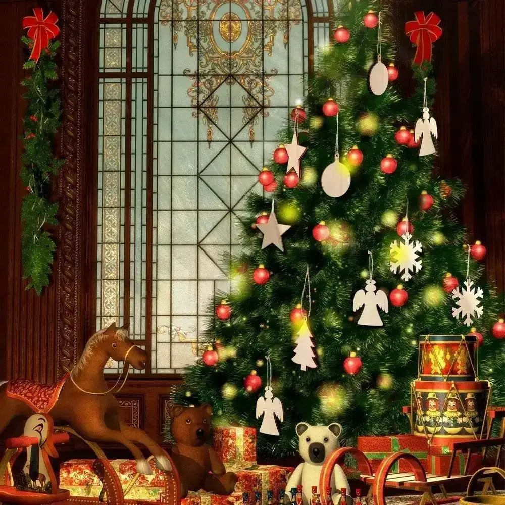 Unfinished wood Christmas cutouts and ornaments on a decorated tree with toys and gifts, OurLum.com