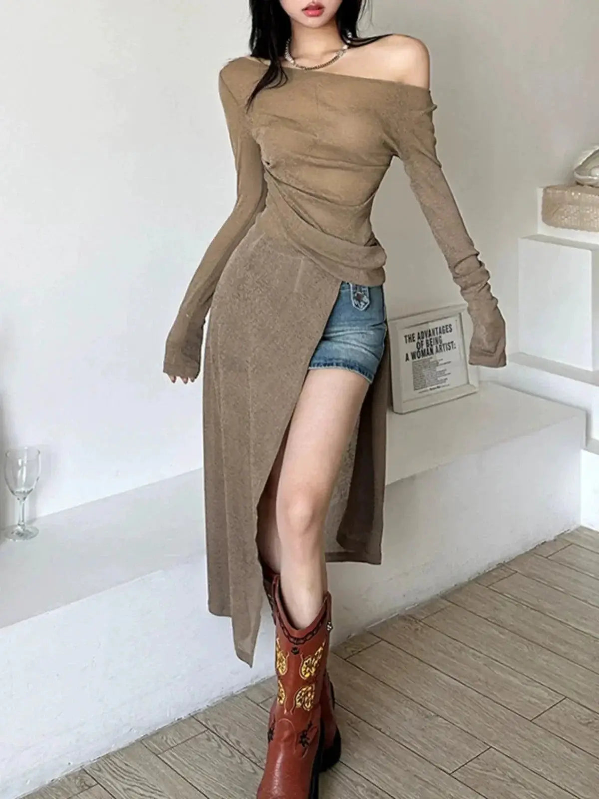 Winter Chic Slim Fit Diagonal Collar Long Dress Midi