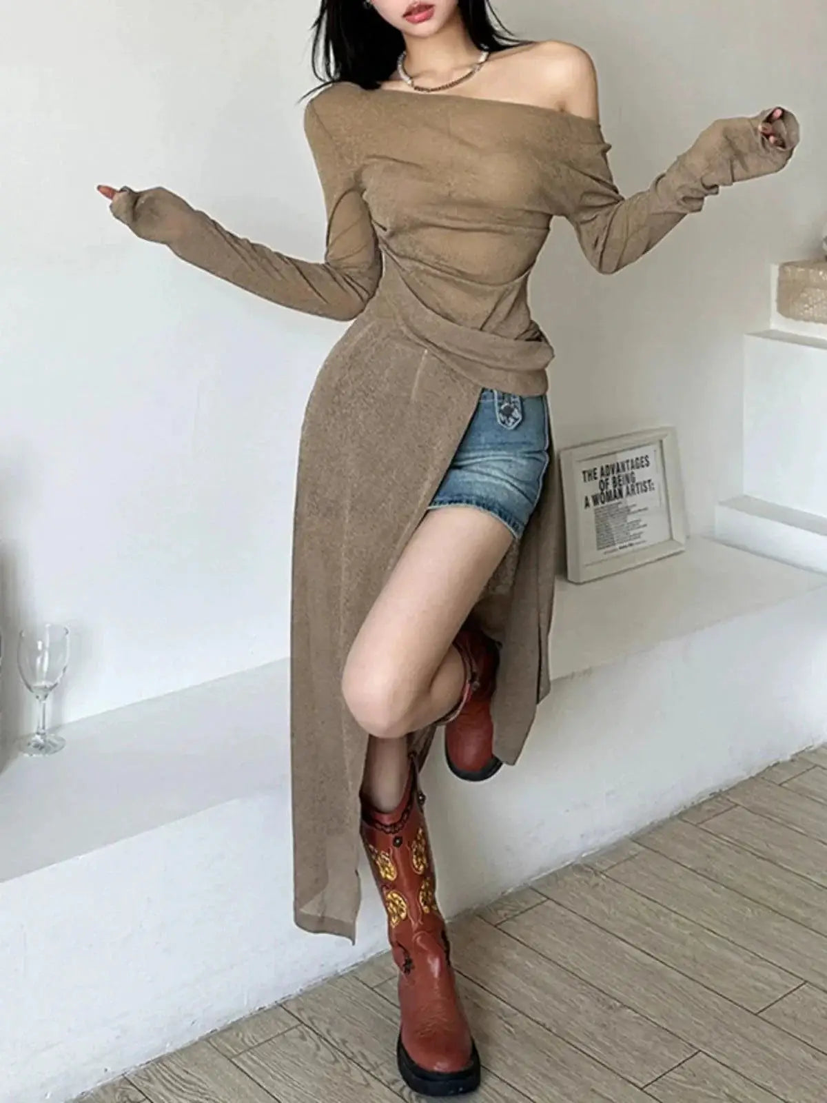 Winter Chic Slim Fit Diagonal Collar Long Dress Midi