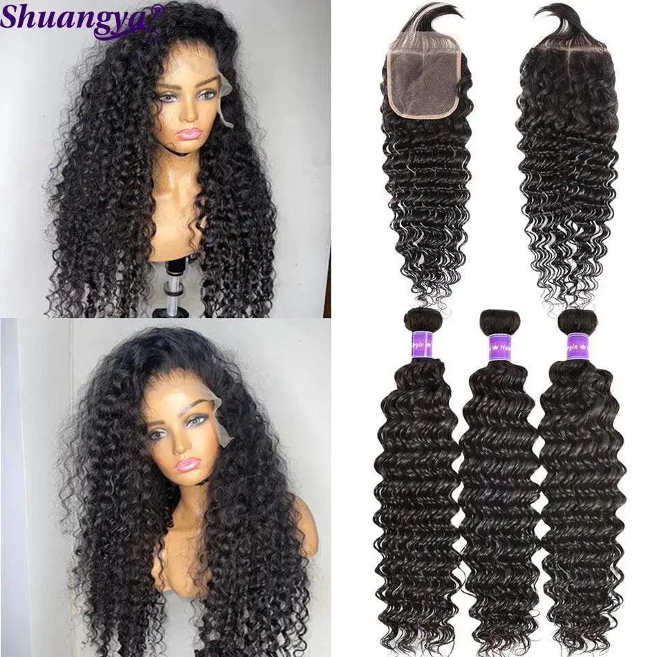 Luxury Brazilian Deep Wave Remy Hair Bundle Set With Frontal