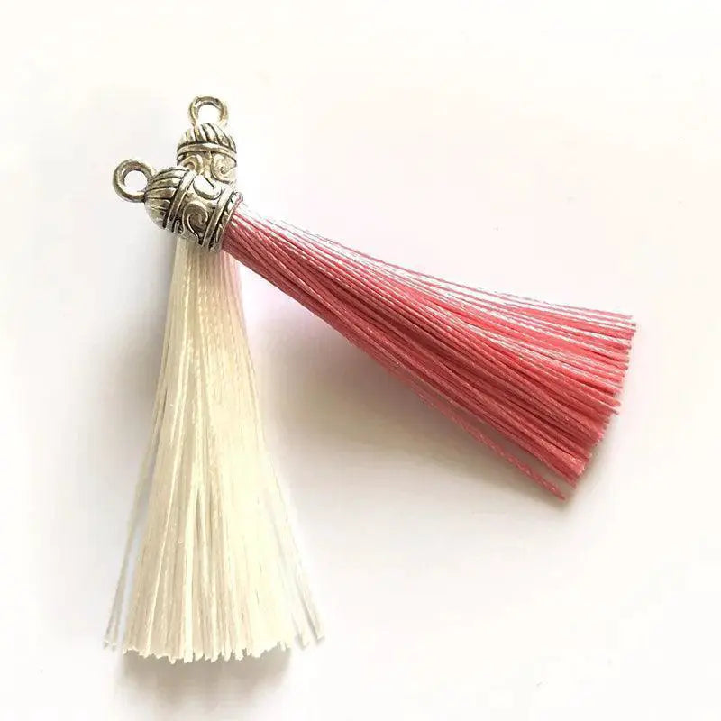 Pink and white silk tassel charms with silver caps for DIY jewelry at OurLum.com