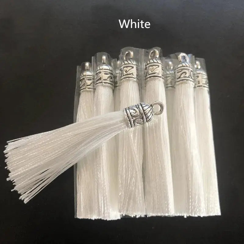 White silk tassel pendants with silver caps for DIY jewelry making from OurLum.com
