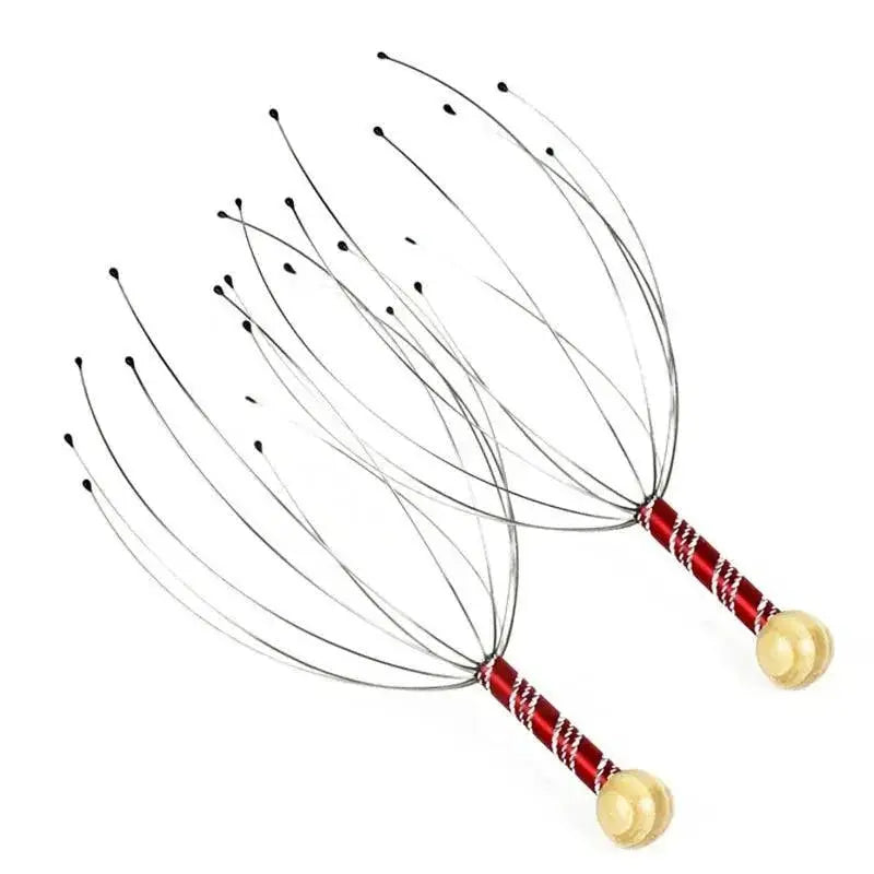 Two octopus scalp massagers with wooden handles and metal wires on white background