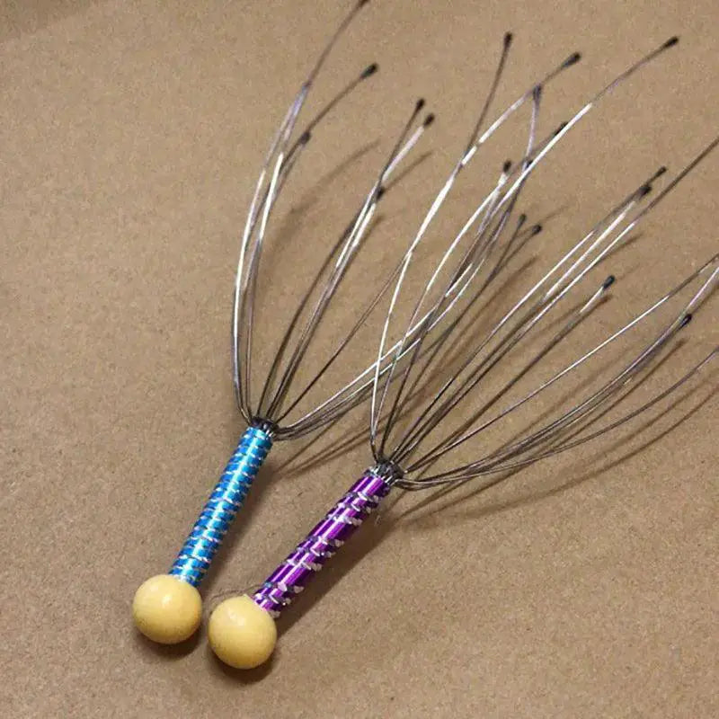 Octopus scalp massagers with blue and purple handles on a brown background, relaxation tool.