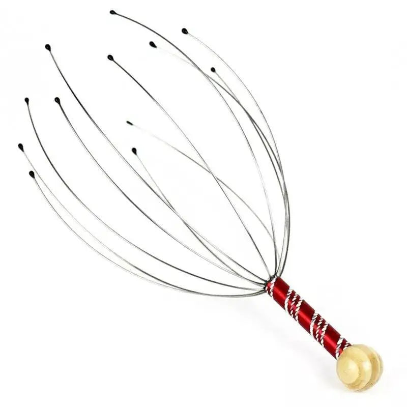 Octopus scalp massager with metal wires, wooden handle, and red grip on white background