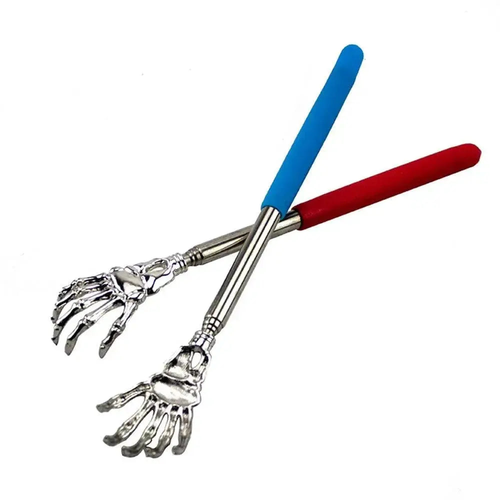 Two extendable claw back scratchers with blue and red handles, metal skeleton hand design