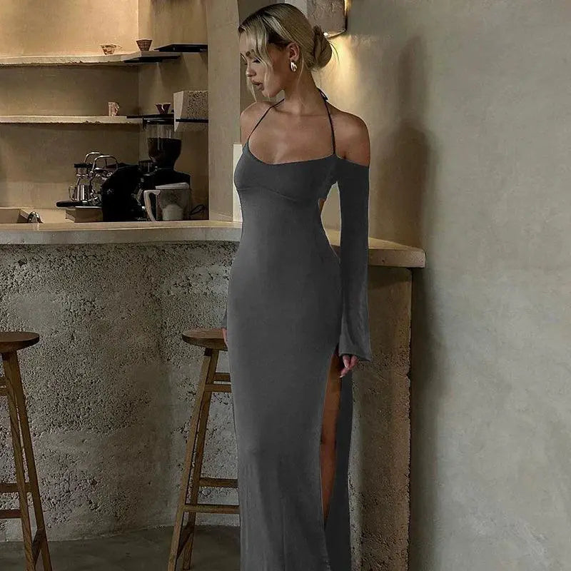 Flattering Off Shoulder Halter Gown For Chic Events