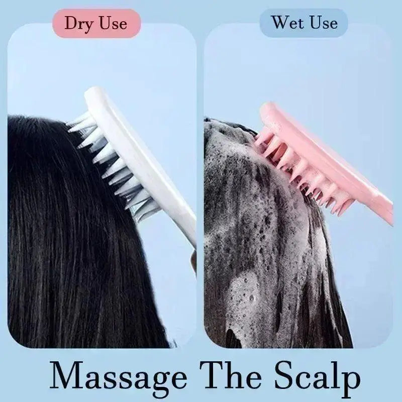 Pink silicone scalp massager tool shown for dry and wet hair care and shampoo use