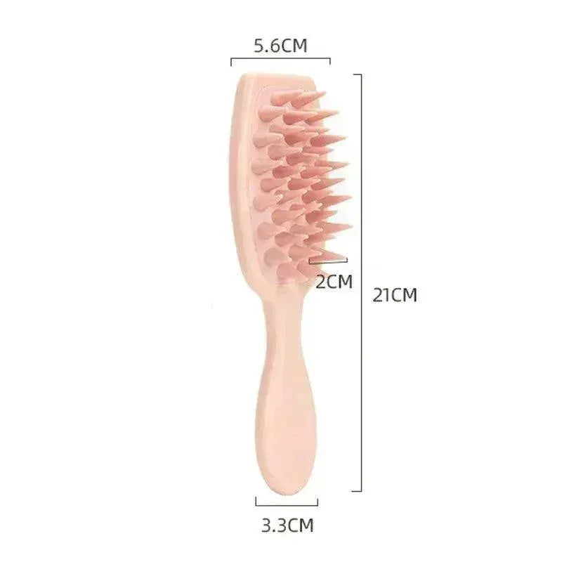 Light pink silicone scalp massager brush with handle and visible size measurements