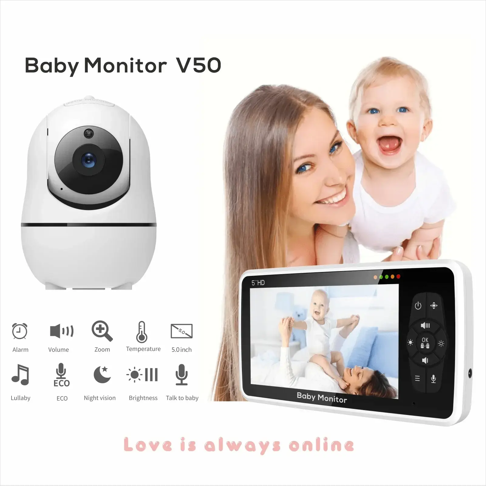 5 Inch HD Video Baby Monitor With 2-Way Audio Night Vision