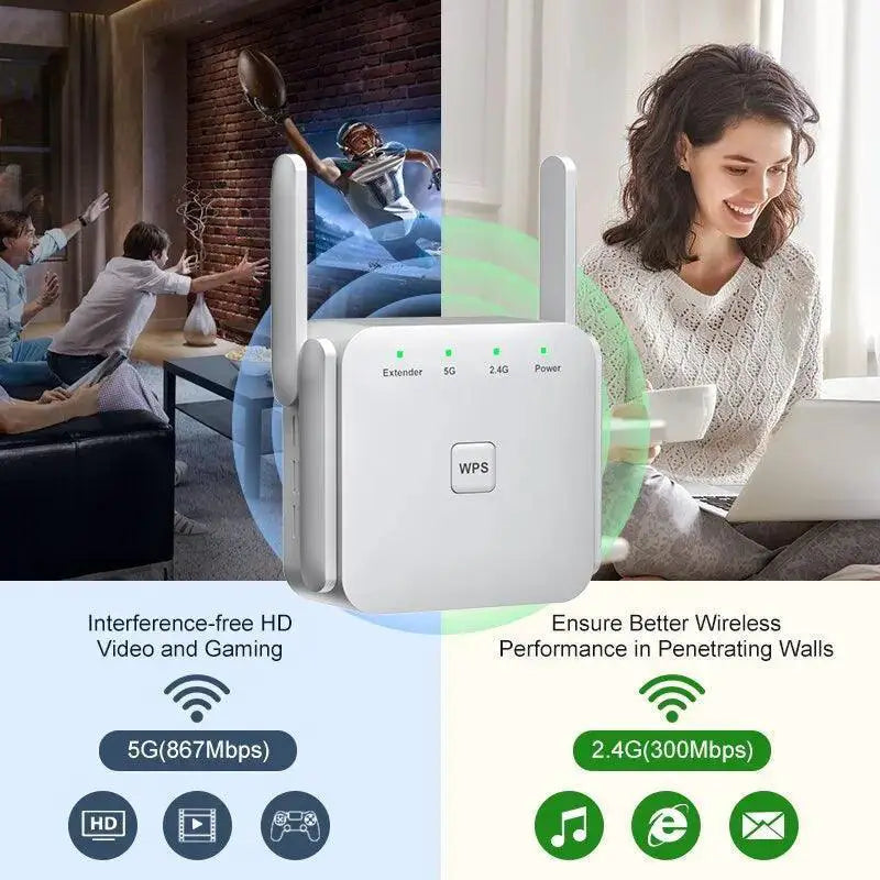 High Speed Dual Band WiFi Repeater Booster 1200Mbps Home Use