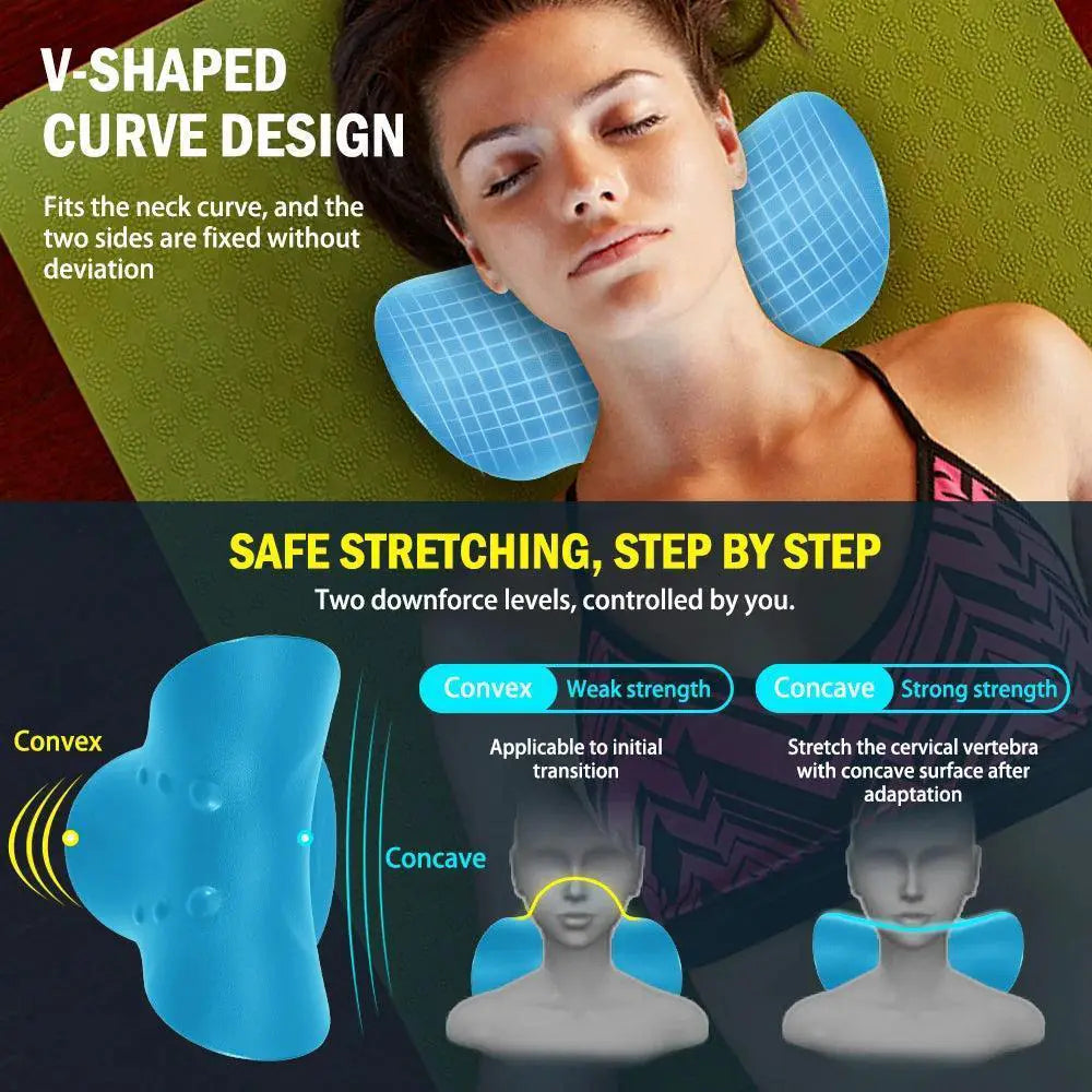 Woman using blue cervical traction pillow for neck support and pain relief on yoga mat