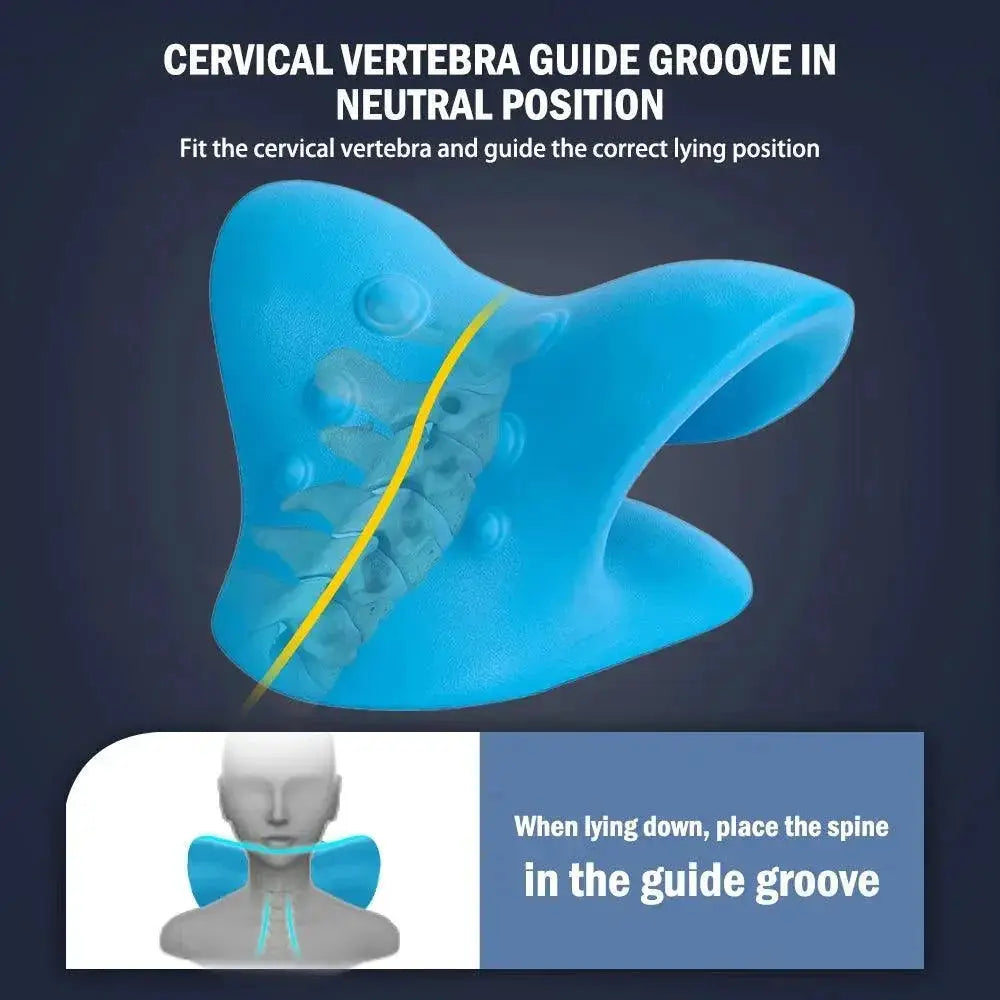Blue ergonomic cervical traction pillow showing spine alignment and guide groove for neck support