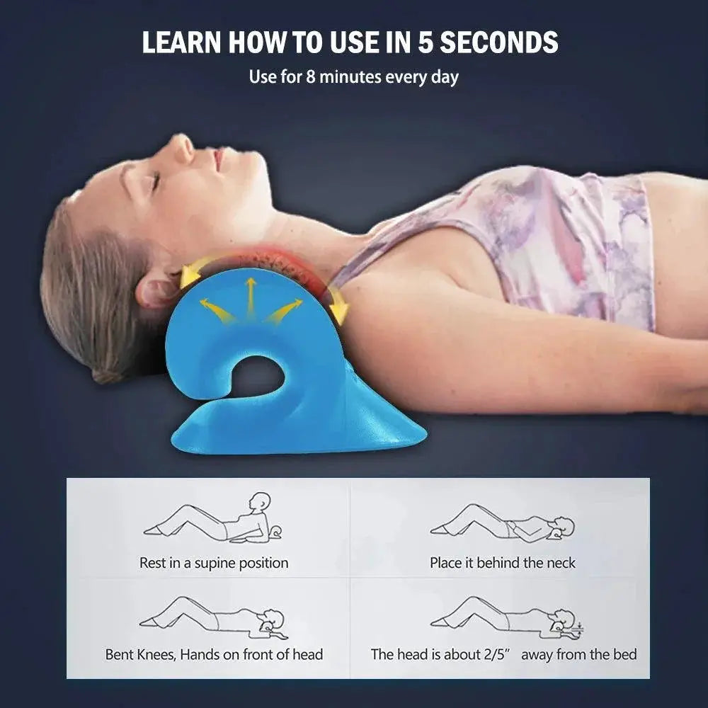 Woman using blue cervical traction pillow for neck pain relief, shown with usage instructions.