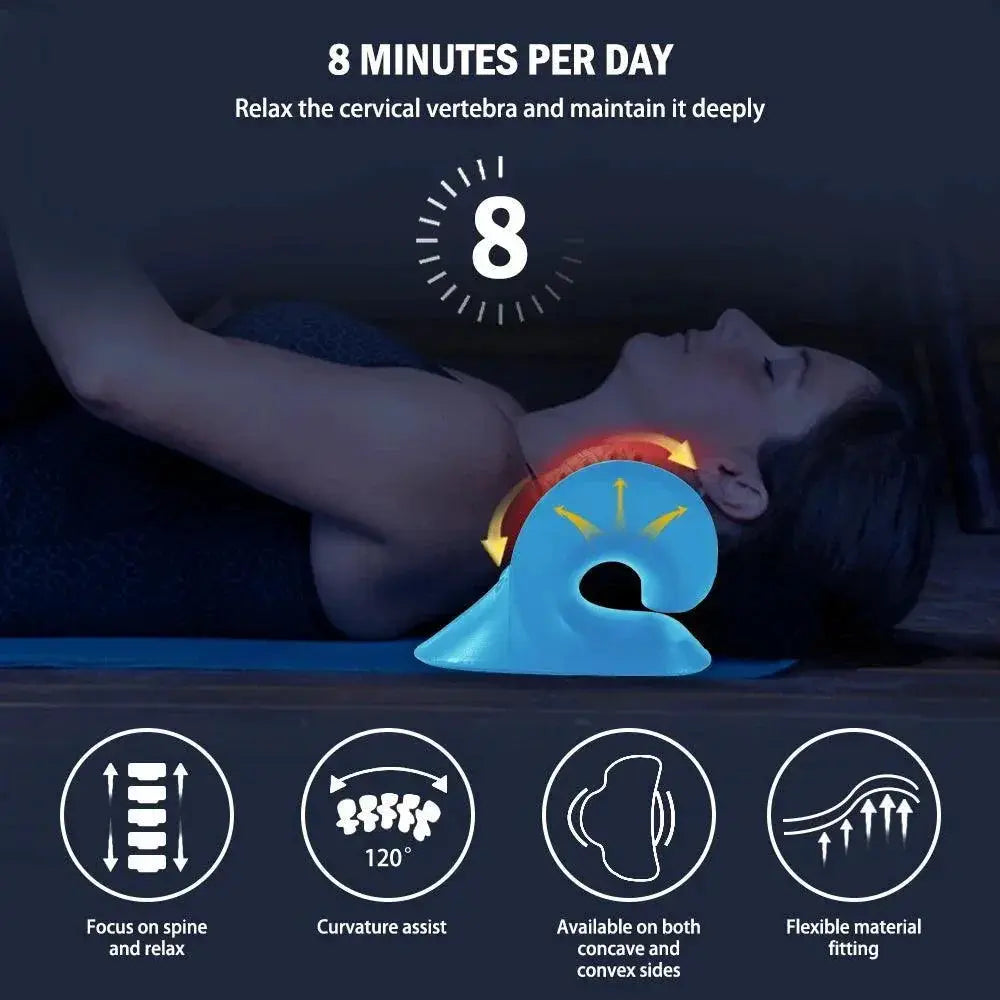 Woman lying on floor using blue cervical traction pillow for neck and spine pain relief, with product benefits icons.