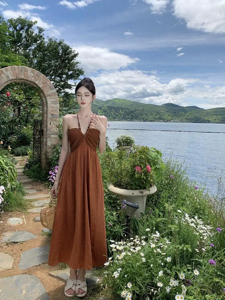 Seaside Halterneck Dress Elegant Vacation Style Dress