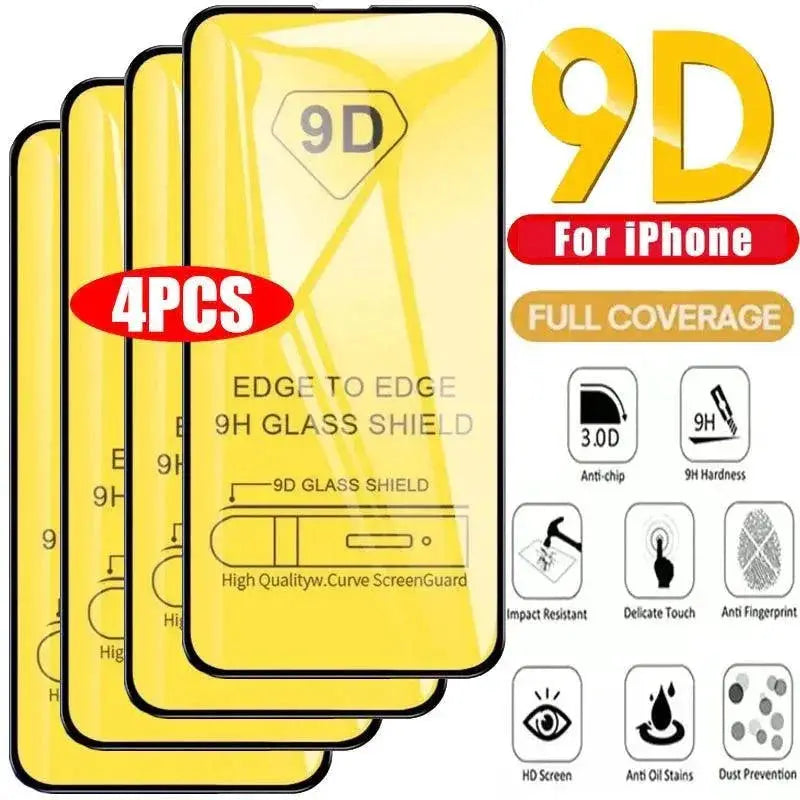 9D Tempered Glass Screen Protector for iPhone Pack of 4