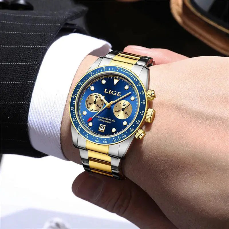 LIGE Stainless Steel Mens Quartz Watch Sleek Timepiece