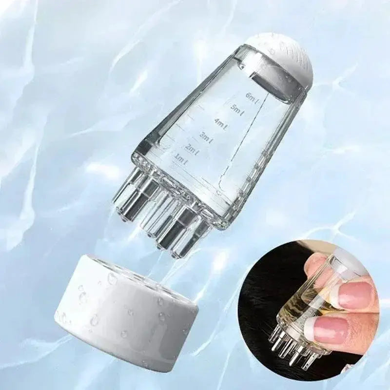 Gray hair growth scalp massager comb with liquid applicator and up-close usage view