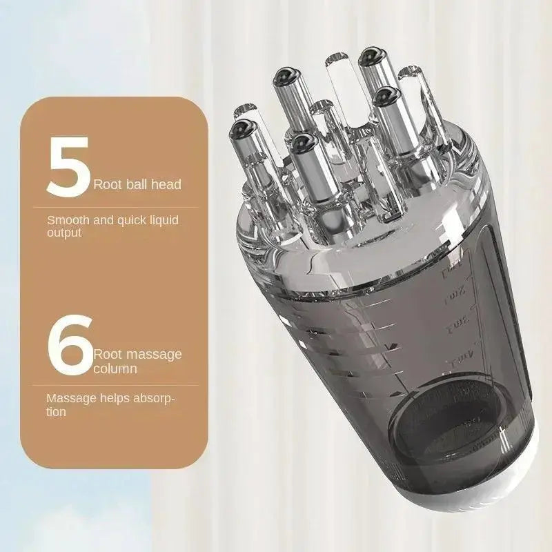 Gray hair growth comb with massage features, liquid reservoir, root ball heads and scalp care columns