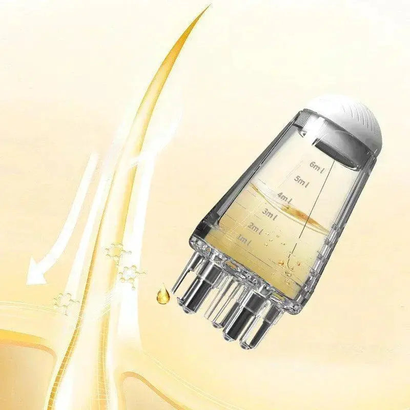 Gray hair growth comb with liquid measurement and massaging metal tips for scalp care
